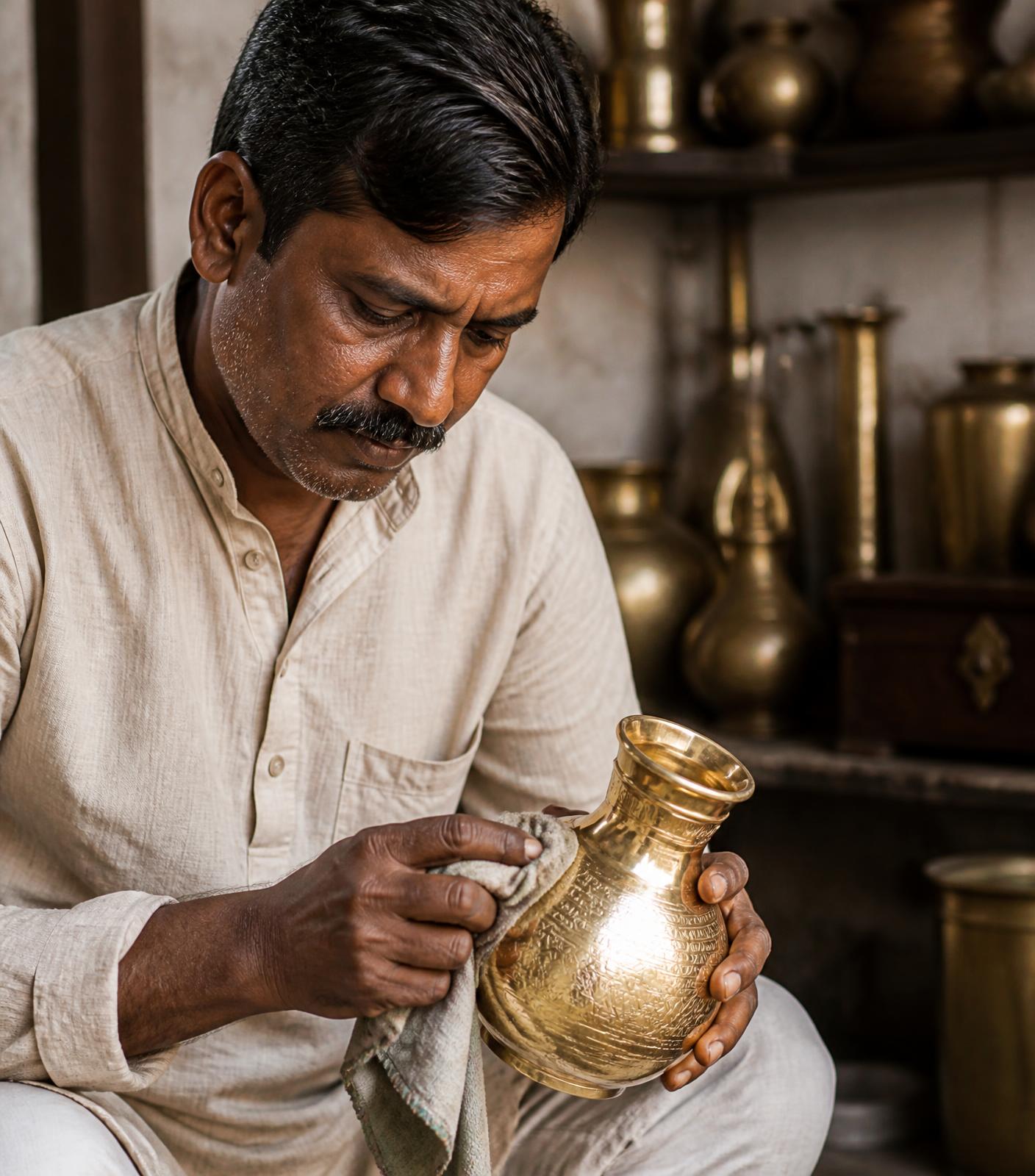 Artisan polishing handcrafted brass in an Indian workshop