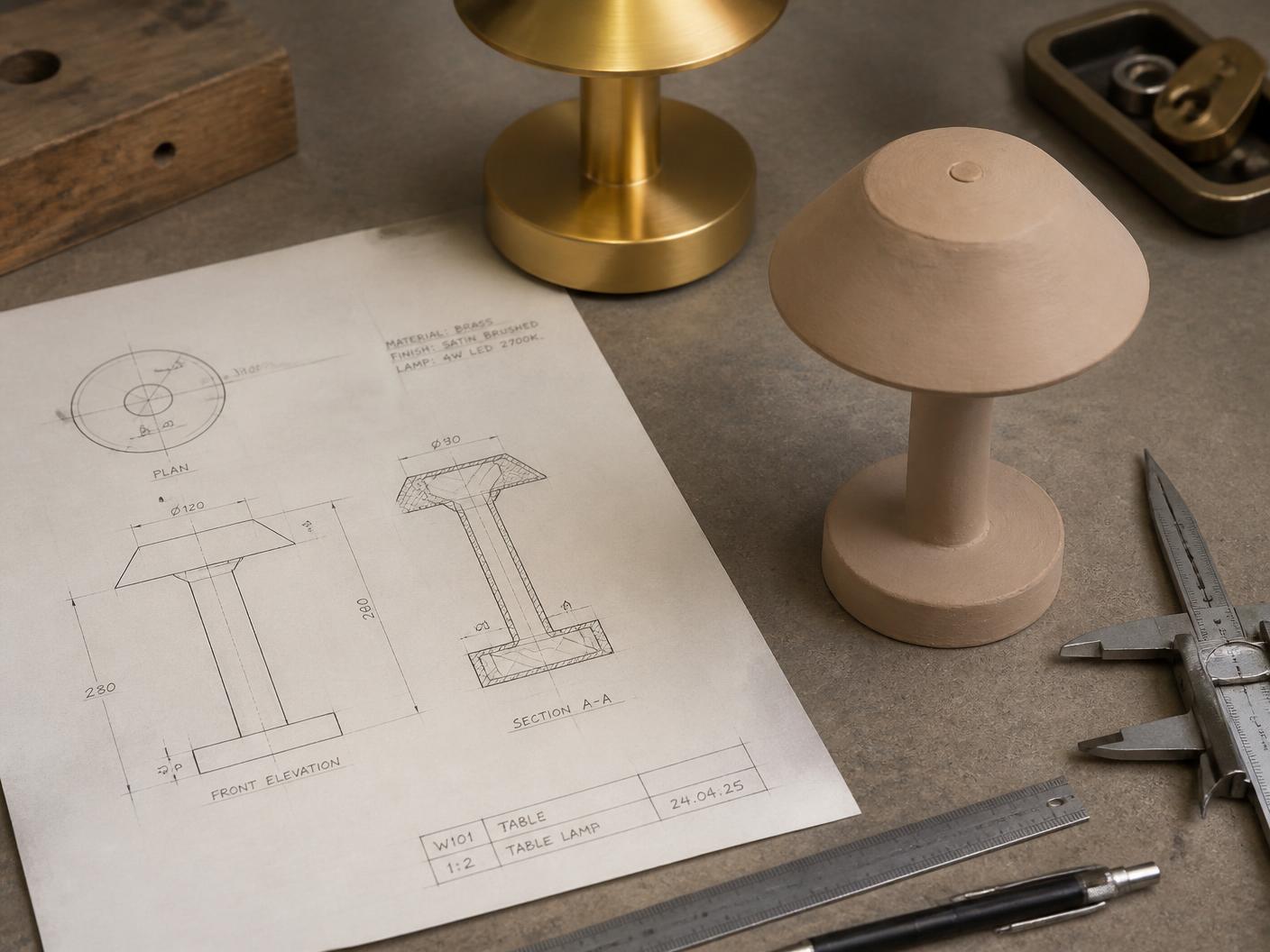 Bespoke brass lamp prototype and technical drawing