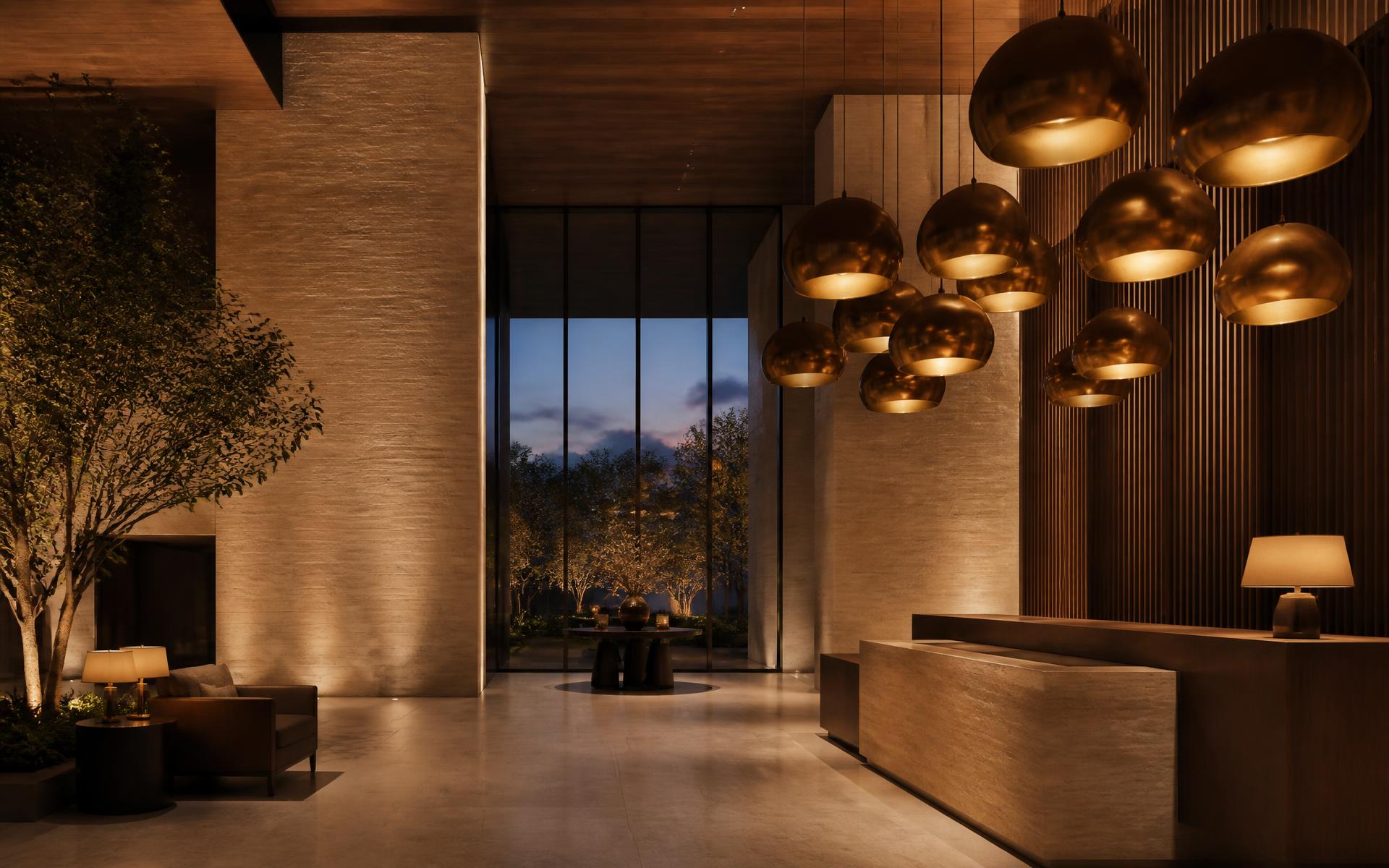 Luxury hotel lobby with handcrafted brass pendant lighting