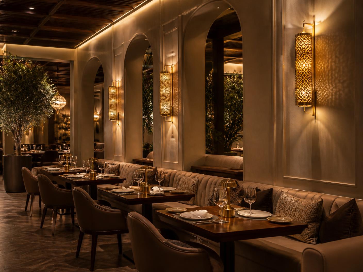 Restaurant interior with decorative brass wall lighting